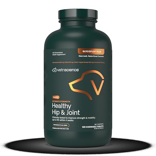 VetriScience Ultimate Strength Healthy Hip & Joint Chewable Tablets, GlycoFlex Glucosamine, Chondroitin and Green-Lipped Mussel Joint Supplement for Dogs, Soothe Joint Discomfort, Chicken, 120 Count