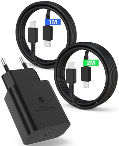 45W Cargador Carga Rapida 2M+1M, Cargador USB C con Cable Tipo C,Enchufe Tipo C para Samsung Galaxy S24/S25/S23/S22/S21 Ultra/S20/S20+/Note 20/10/A73/A53/A52/s10/s9-Negro