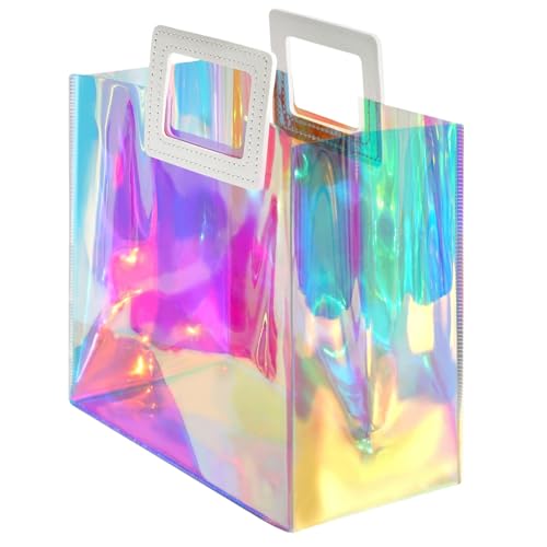 VUOJUR Holographic Gift Bag Medium Size 11x9.8x5.1 Clear Reusable Birthday Gift Bag for Women Girl Iridescent Bachelorette Wedding Christmas with Handle