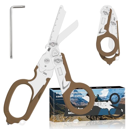 Image of Lemasa6 in 1 Multifunctional Combination Tool, Folding Retractable Emergency Shears, Outdoor Camping Tools, Seat Belt Cutter, Oxygen Cylinder Wrench, Complimentary Adjustable Wrench (Bean Sand Colour)