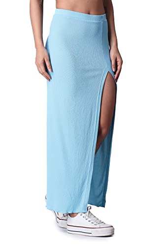 Image of POPWINGS Casual Solid Self Design Rib Long Slit Skirt for Women - Stylish Summer Skirt