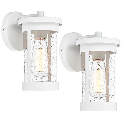 Ken & Ricky White Outdoor Wall Light, Modern Outdoor Light Fixture, Exterior Light Fixture with Seeded Glass for Porch Patio Garage Garden Front Door Entryway - 2 Pack Cover
