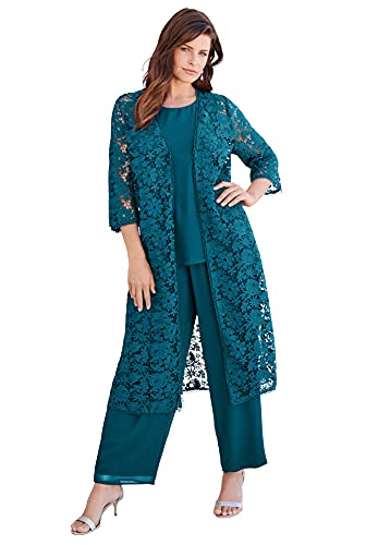 Roamans Women s Plus Size Three-Piece Lace Duster & Pant Suit Duster, Tank, Formal Evening Wide Leg Trousers - 18 W, Deep Teal Blue