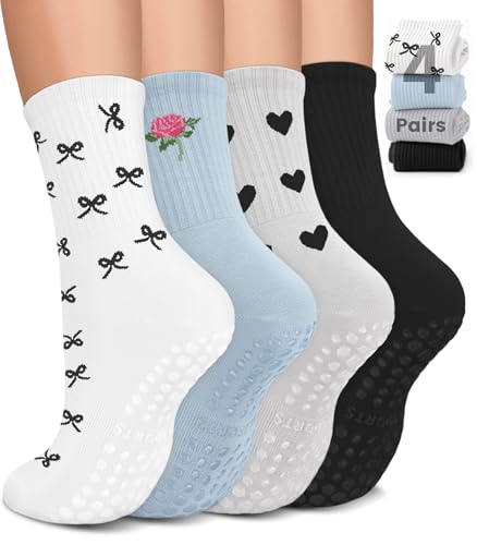Image of Pilates Socks for Women, Non Slip Grip Socks for Yoga, Barre, Hospital, Grippy Socks Womens Gifts, 4 Pairs
