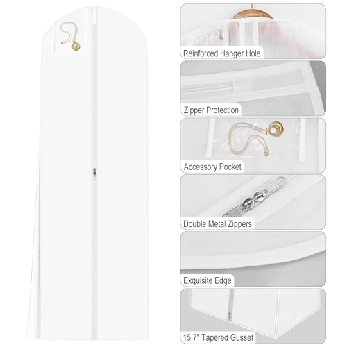 White Wedding Dress Garment Bag, 16" Wide Gusset Dress Bags for Gowns, Long Evening Dresses & Prom Dresses for Women, Bride, Bridesmaid, Wedding Dress Bag, Dress Garment Bag Women, 70x24x16"3