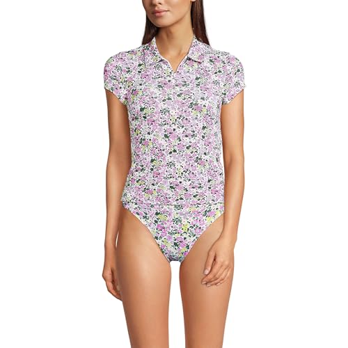 Lands' End Women's Short Sleeve Pique Johnny Collar UPF 50 Rash Guard Large White Multi Ditsy Floral