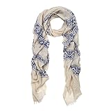 Elegant Viscose Cross Floral Frayed End Scarf Wrap, Beige
