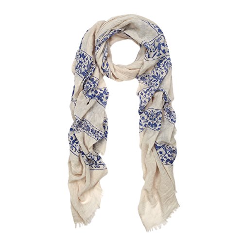 TrendsBlue Elegant Viscose Cross Floral Frayed End Scarf Wrap