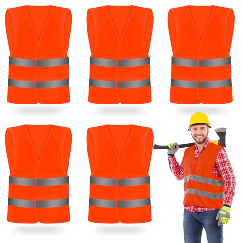 CHGANG 5 Pack Hi Vis Vests for Men Women, High Visibility Reflective Safety Vest, Waistcoats Jacket for Outdoor Running Walking Motor Bicycle Drivers (Orange)