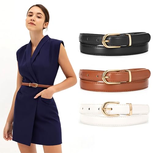 JASGOOD 3 Pack Womens Skinny Leather Belt for Jeans Thin Leather Fashion Ladies Waist Belt with Gold Buckle for Dress Pants2