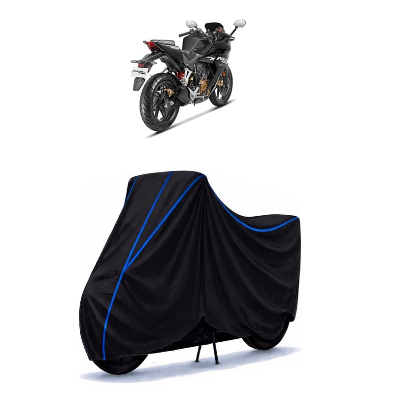 Image of Hero Karizma 400 Bike Cover Water Resistant Universal Motorcycle Rain | Heavy Duty UV Protection, Dust, Scratch Indoor Outdoor All Weather with Black Blue Piping Elastic