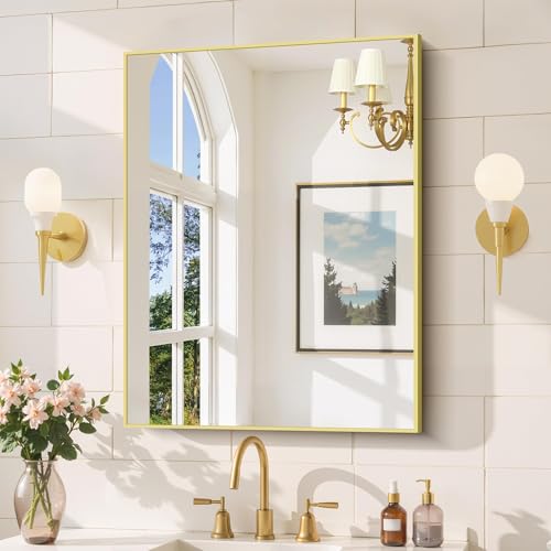 Image of COFENY Gold Bathroom Mirror for Wall, 24x32 Inch Rectangle Mirror with Metal Frame, Modern Vanity Mirrors for Bathroom Living Room, Entryway Hangs Horizontal or Vertical