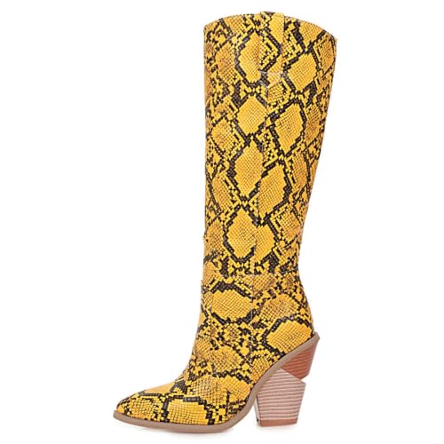 Parisuit Women's Chunky High Heel Knee High Boots Pointed Toe Western Cowgirl Boots Slip On Shoes2