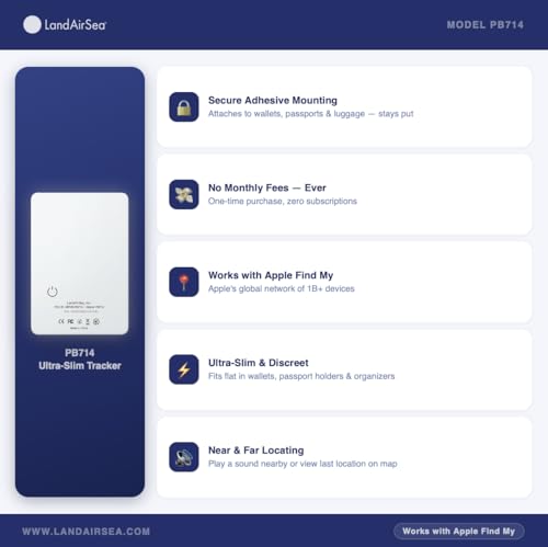 Image of LandAirSea PB714 - Ultra-Slim Apple Find My Wallet Tracker with Secure Adhesive, No Monthly Fee Bluetooth Item Locator for Wallets, Passports & Luggage
