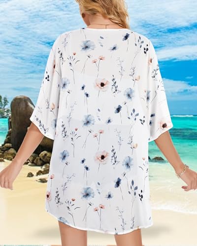 Image of Women's Floral Print Puff Sleeve Kimono Cardigan Loose Cover Up Casual Blouse Tops 2026