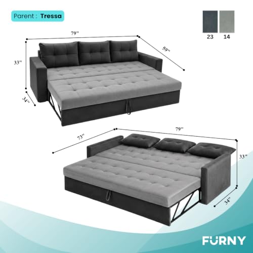 Image of FURNY Tressa 3 Seater Fabric Pull-Out Sofa Cum Bed Function (Dark Gray-Light Gray) | Luxury Velvet Suede Finish | Durable Comfort Sofa Bed for Modern Living Room & Office Spaces