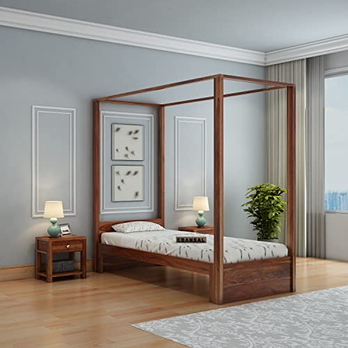 Image of Solid Sheesham Wood Single Size Poster Bed Without Storage for Bed Room Living Room Home Wooden Double Bed Palang Solid Wood Bedroom Furniture for Hotel (Honey Finish)