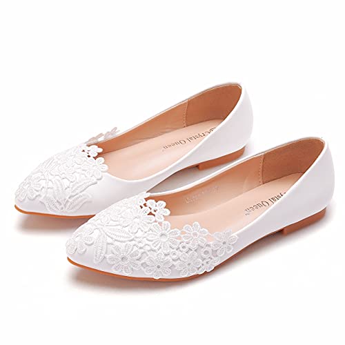 Crystal Queen Women Flats Ballets Shoes White Lace Wedding Flats Pointed Toe Plus Size Shoes Wedding Party Dress Shoes2