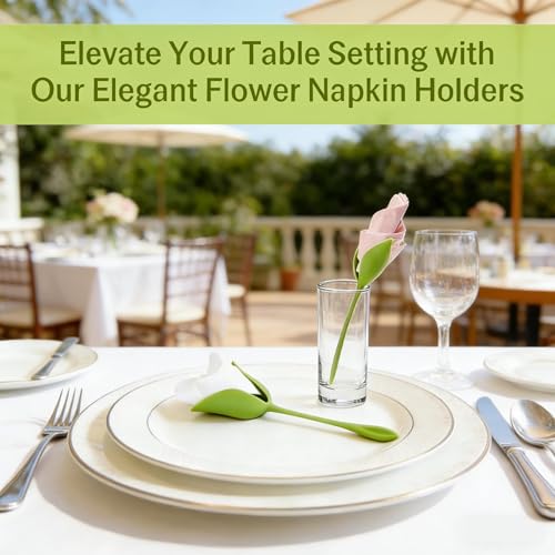 Image of Green Flower Napkin Holders Set of 4 for Dining Table, Rose Bud Serviette Rings with Reusable Plastic Stem Design, Decorative Table Accessories for Wedding Party BBQ Dinner