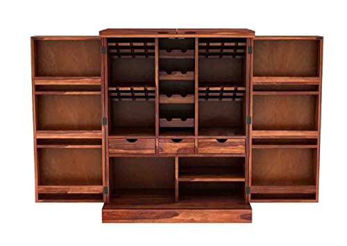 Image of Solid Sheesham Wood Bar Unit Cabinet with Storage Bottle Shelves & Built-in Glass Holder Pyramid Drink Wine Rack Organizer for Living Room, Home & Lounge Dining Cupboard Liquor Furniture