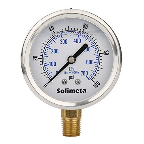 Solimeta 2-1 2  Dial Size, Oil Filled Pressure Gauge, 0-100psi kpa, 304 Stainless Steel Case, 1 4 NPT Lower Mount