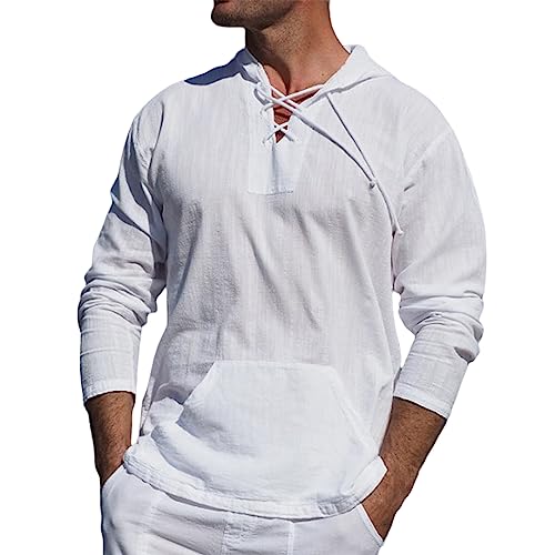 Mmoneyake Mens Linen Beach Hoodie Lace-Up V-Neck Long Sleeve T-Shirt Lightweight Sweatshirts Pullover Summer Hippie Shirts2
