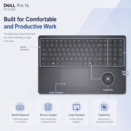Image of Dell Pro 16 PC16250 Business Laptop, Intel Core 5 120U, 16 inch WUXGA IPS Anti-Glare Display, 16GB DDR5 RAM, 512GB PCIe NVMe SSD, Backlit Keyboard, Thunderbolt 4, RJ-45, Windows 11 Pro