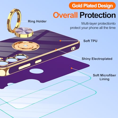 Gritup for Samsung Galaxy S23 FE Case | 2Pcs Screen Protector | 360° Rotation Ring Holder Magnetic Kickstand, Plating Gold Edge Soft TPU Shockproof Protective Cover for S23 FE, Purple - image 3