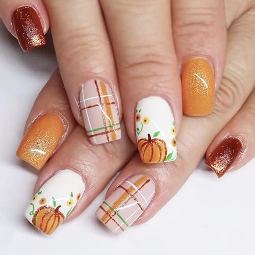 24pcs Autumn Pumpkin Press-on Nails - Short Square False Nails with...