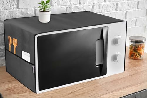 Image of Microwave Oven Cover for Durable, Waterproof and Dustproof Kitchen Protector with 4 Side Storage Pockets for Kitchen Accessories (100 x 35 cm) (Grey)