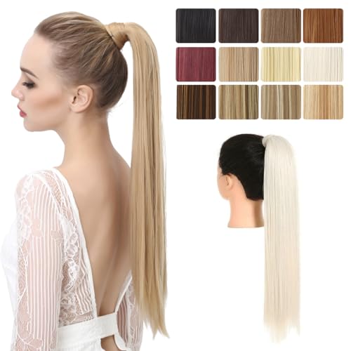 SARLA Ponytail Hair Extension Wrap Around Long Straight 24 Inch Synthetic Hairpiece for Women Platinum Blonde