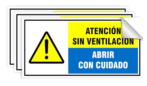 Pack de 3 Pegatinas 'Atención Sin Ventilación - Abrir Con Cuidado' 19X9,5 cm Vinilo de Alta Adherencia para Señalización en Vehículos de Transporte de Gases (19x9,5 cm)