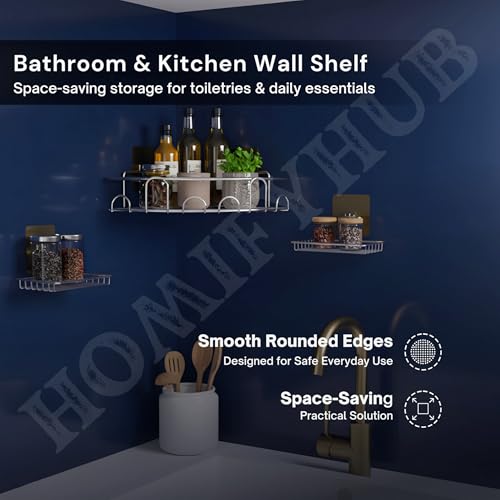 Image of No Drill Bathroom Combo 1 Round Corner Shelf & 2 Stickable SS Soap Holders with Drain Tray | Self Adhesive Wall Shelf Organizer for Kitchen & Bathroom Magic Sticker (Silver, Pack of 3)