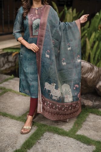 Image of Linen Shimmer Kurta with Dupatta for Women | Hariyali Ethnic Printed 2-Piece Set | Stylish Daily & Festive Kurti Set