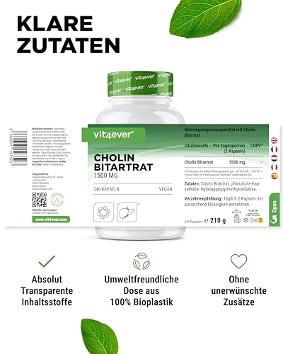 Reine Cholin Kapseln - 240 Kapseln mit 750 mg Cholin Bitartrat - 4 Monatsvorrat - Leber, Homocystein & Fettstoffwechsel - Aktives Cholin - Natürlich - Hochdosiert - Vegan
