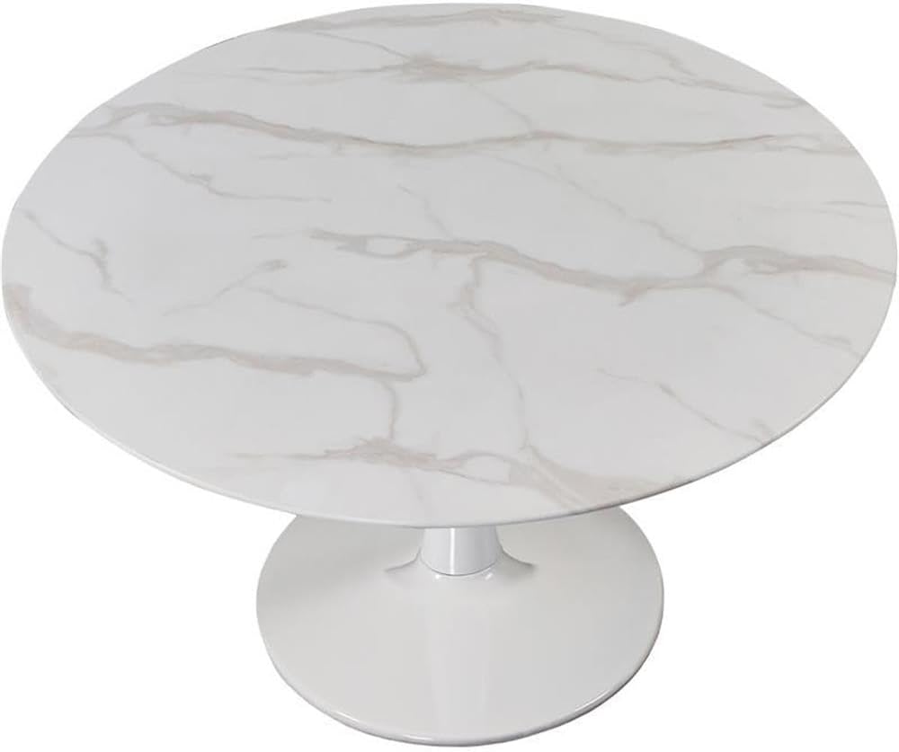 Pemberly Row 48" Round Dining Table, Faux Marble Top with White Pedestal Base, 10MM Tempered Glass Veneer, Contemporary Design, 48" Diameter Table for Kitchen, Dining Room or Office Use