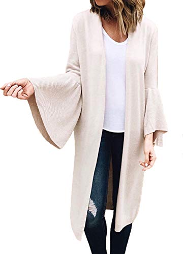 HZSONNE Women's Boho Kimono Bell Sleeve Rib Knitted Long Cardigan Draped Open Front Casual Chunky Side Pockets Blouse Maxi Coat (X-Large) Apricot
