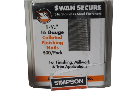 Simpson Strong-Tie T16N150FNB Straight, Adhesive Collation, T-Style Head, 16-Gauge Finishing Nail — 1-1/2 in. Type 316 (500-Qty)