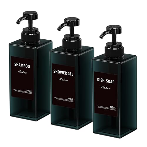 Anhow 3er Seifenspender Kunststoff, 500ml PETG Seifenspender mit 16pcs Kategorie Etiketten für Küche und Badezimmer Dusche/Küche/Badezimmer - Blau/ 500ml