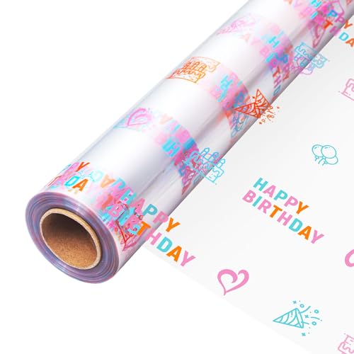 Image of JOYIT 100' Long X 35 inch Wide Happy Birthday Cellophane Wrap Roll - 3 Mil Thick Clear Cellophane Roll, Birthday Cellophane Bags Large, Wrapping Paper for Flower Gift Baskets Wrap (35 inch fold into 17.5 inch)
