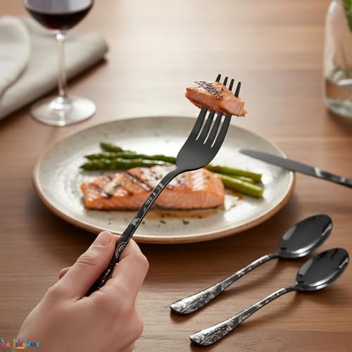 Image of Floral Black 20 Pcs Stainless Steel Cutlery Set for Dining Table, Dishwasher Safe Glossy Flatware (4 Spoon Set+4 Forks Set+4 Butter Knife+4 Dessert Spoon+ 4 FruitFork)