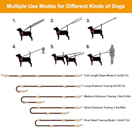 Hundeleine für Große und Mittelgroße Hunde, 2.1m x 1cm Verstellbare Doppelleine Rund, mit 2 Karabiner Führleine Hund, Robustem Nylon, Multifunktionale Dog Leash Adjustable für 2 Hunde (Braun)