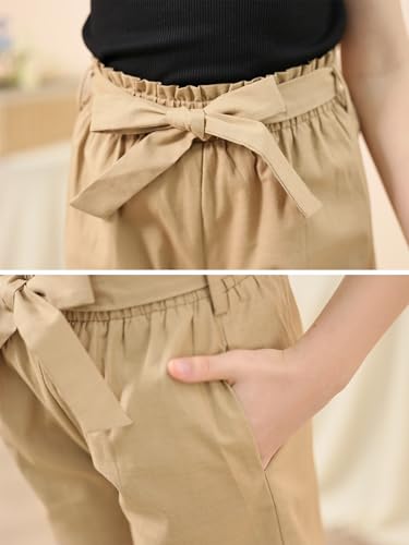 Image of GORLYA Girls 2 Piece Clothing Outfits Summer Casual Rib Knit Tank Tops and Paperbag Waist Belted Linen Short Sets 6-14Y