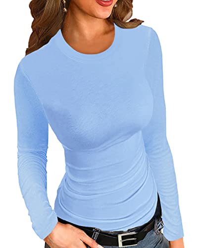 Afibi Women Ribbed Long Sleeve Crew Neck Slim Fit Stretchy Basic T Shirts Tops