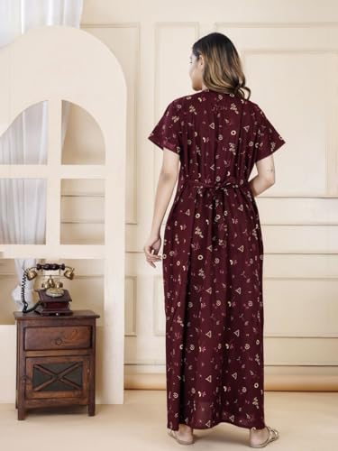Image of DIAMO Pure Cotton Embroidery Nighty for Women, Cotton Night Gown, Night Maxi Gown, Cotton Nighty with a Pocket and Adjustable Knot