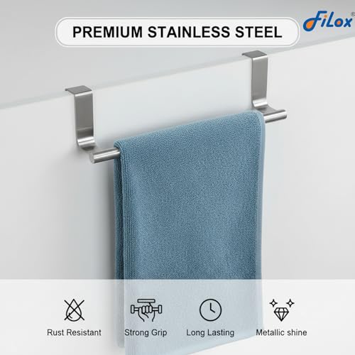 Image of Filox Stainless Steel Over Cabinet Towel Holder | No-Drill Door Hanging Rack for Kitchen & Bathroom | Adjustable Bar for Cupboard, Drawer & Wardrobe Storage | Space-Saving Organizer
