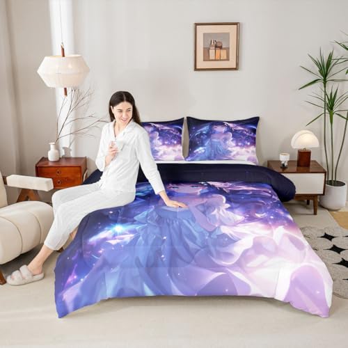 Image of Erosebridal Anime Girls Bedding Anime Gifts Comforter Set for Kids Purple 3D Galaxy Printing Bedding Sets, Cartoon Long Curly Hair Girly Printed Comforter Kids Kawaii Japanese Girl Bed Set, Queen