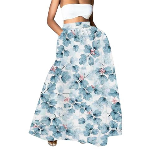 Skirts for Women Casual Boho Flowy Floral Print Maxi Skirt High Waist A-Line Beach Skirt with Pocket Fashion Vacation Outifts