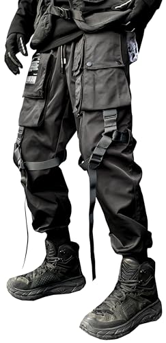 MOKEWEN Men's Patchwork Straps Jogger Harem Cargo Ninth Pants with Big Multi Pockets Elastic Waist