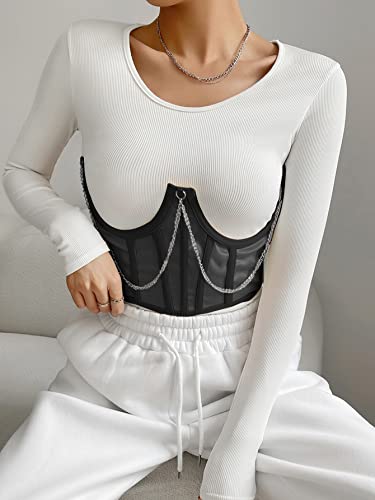 Moessa Women See Through Mesh Lace Up Bustier Corset Metal Chain Boned Overbust Waist Cincher Wide Belt 8970-Black-S #TOP1